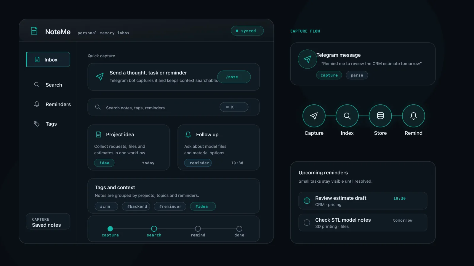 Conceptual NoteMe interface with note capture, search and reminder states